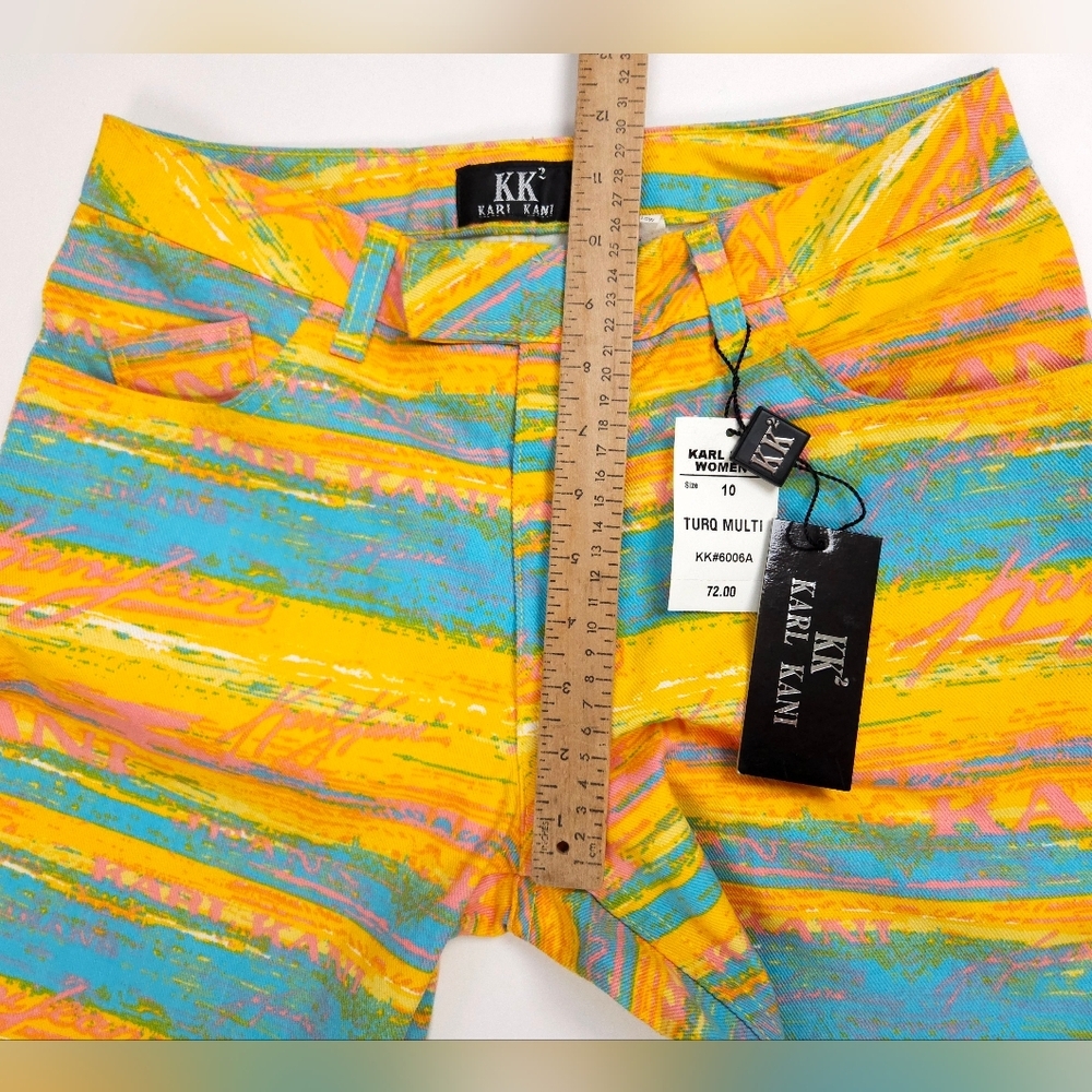 Karl Kani Vintage 90s NWT Turquoise Yellow Flare Denim Jeans 28 Small - Picture 7 of 16